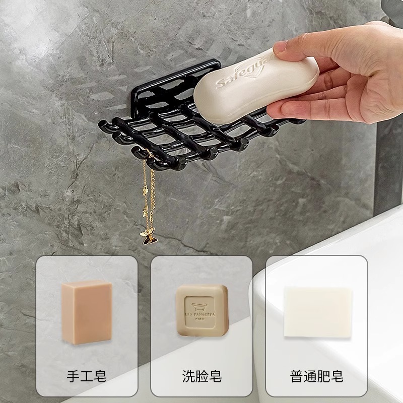 壁掛け式石鹸置き水切りラック 家庭用 穴あけ不要 浴室トイレ用フック付き石鹸置き 水切り設計|undefined
