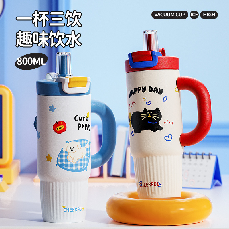Nueva taza de hielo de gato de acero inoxidable, taza de paja de dibujos animados de alto valor, taza de agua de gran capacidad para vehículos