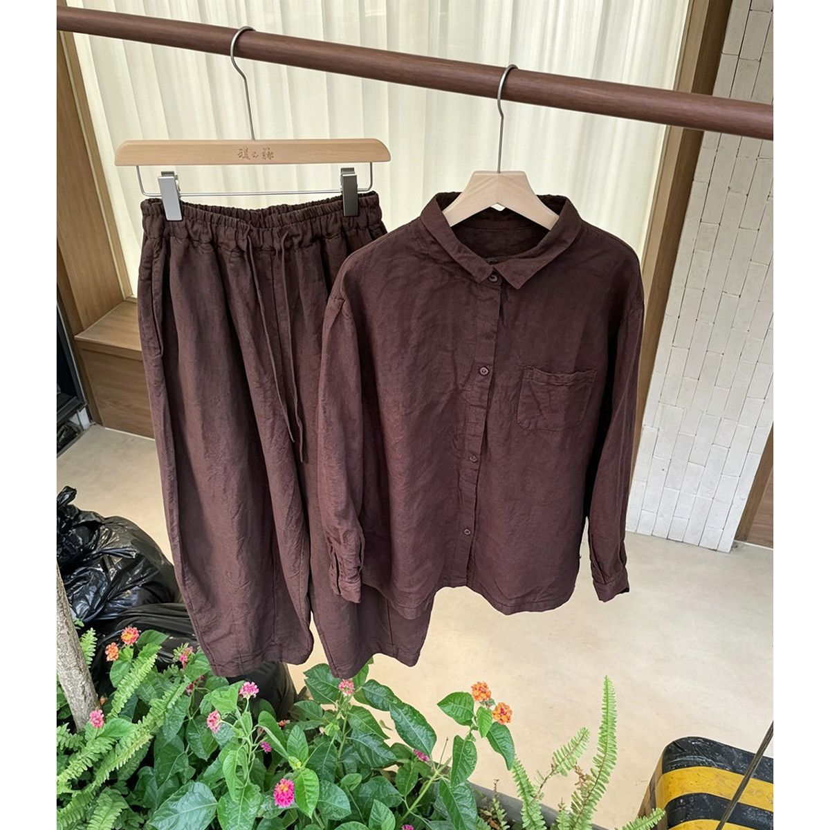 Retro Vintage Style Women's Linen Two Piece Suit High End Cotton And Linen Brown Shirt Casual Pants Spring Relaxed Fashionable_ecoleips.com