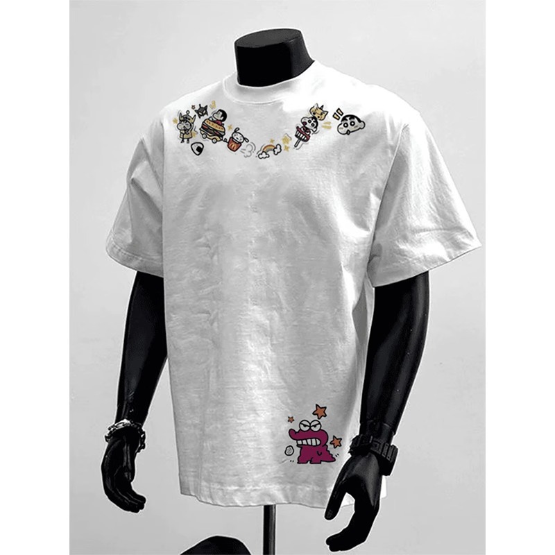 Same melange gray Heavy Graffiti boxy Shoulder Short Sleeve Men's Summer Cartoon Printed Small Collar T-Shirt Half Sleeve