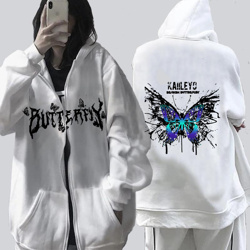 2022 Yeni Trend Fermuarlı Sweatshirt Gotik Stil Kelebek Baskılı Kapüşonlu Polar Ceket_voghion.com