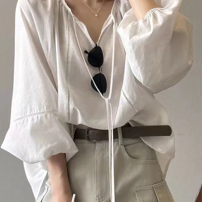 Lazy Style Lantern Sleeves V-Neck Puff Sleeves Fluffy Niche Long-Sleeve French Top Vintage Thin Japanese Doll Shirt