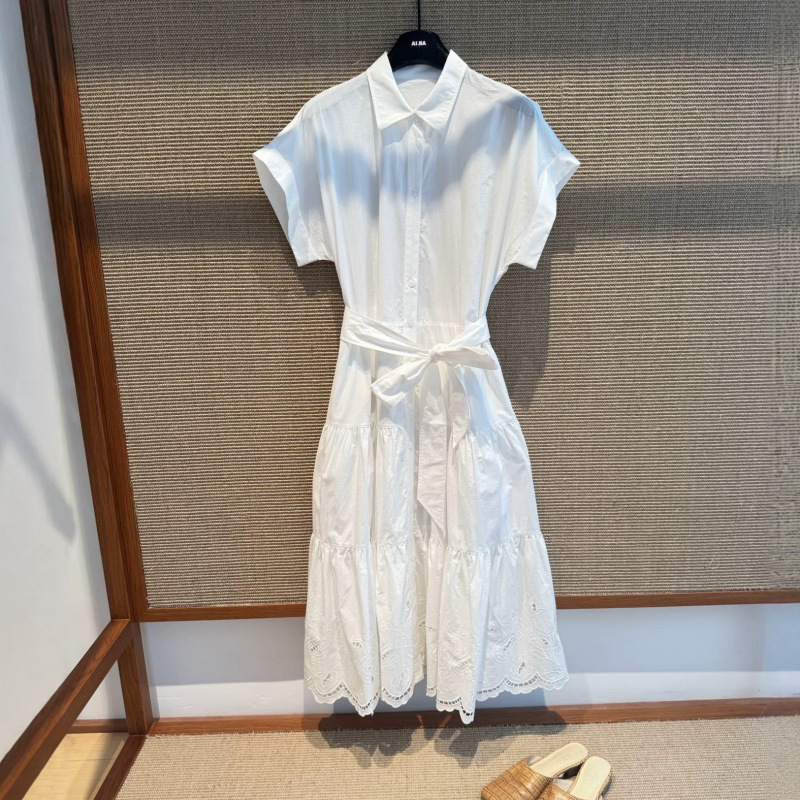 Shenzhen Nanyou 2026 Spring/Summer New Rl Style Hollow-Out Eyelet Cotton Layered Tie-Up Shirt-Style Dress