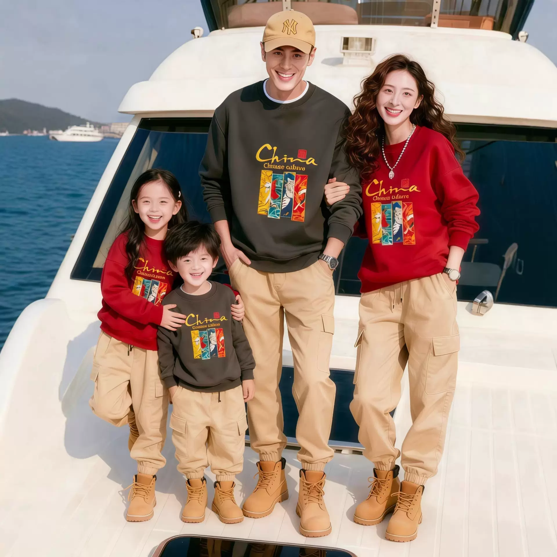 新款亲子装国风秋冬新款一家三口四口2026潮红色全家福圆领卫衣