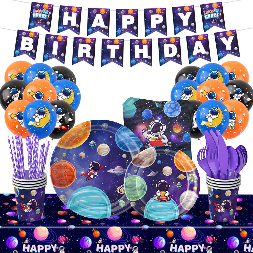 Starry Sky Aerospace Theme Bandeja de papel desechable, taza de papel, juego de vajilla de toallas de papel, suministros de decoración para fiestas de cumpleaños de astronautas