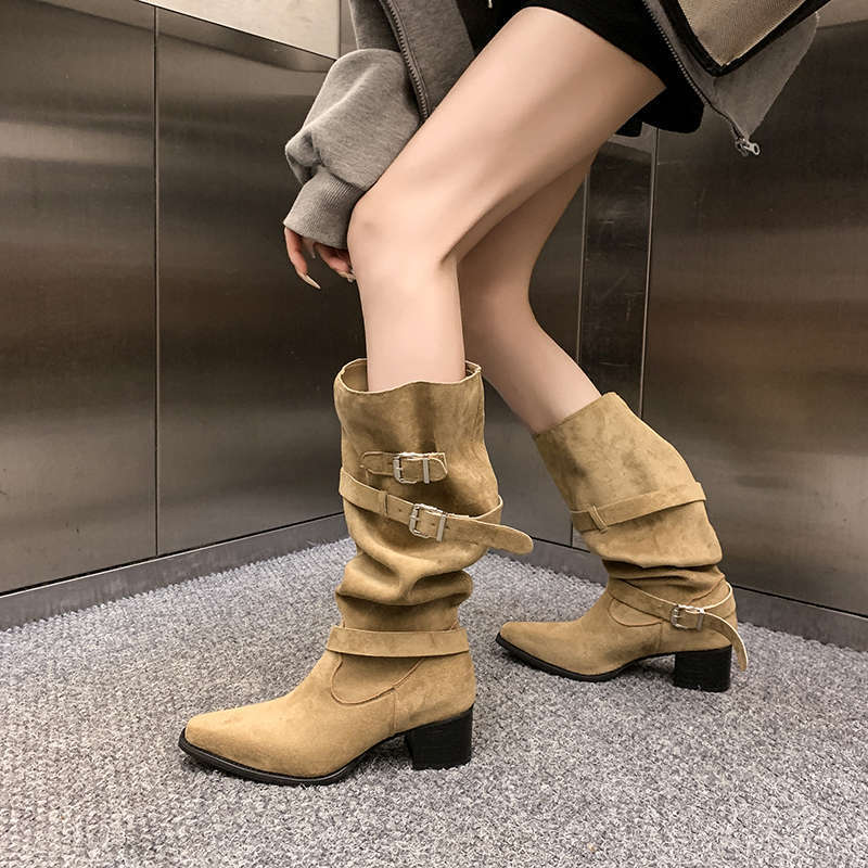 Over-The-Knee Boots for Women 2025 Spring & Fall Khaki Suede Pointed-Toe Boots for Women Thick Heel Slimming Look Pleated Boots