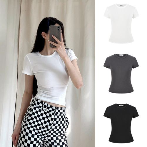 Moses Queen / Magic Queen Crew-Neck Off-Shoulder Short-Sleeve T-Shirt for Women, Slim-Fit, Defined Waistline, Cropped Top – Model 62834