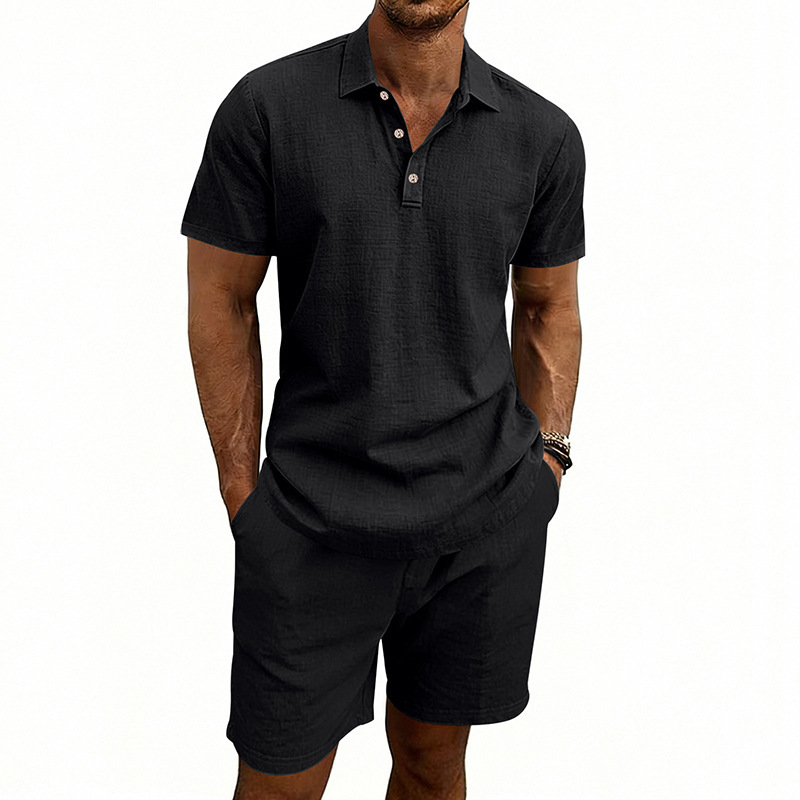 Ensemble polo et short de plage décontractés en lin, style américain, pour homme, idéal pour l'été, les vacances et les trajets quotidiens. Grandes tailles disponibles. Coupe ample. Polo à revers simple et coupe simple._voghion.com