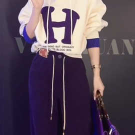 秋冬季运动套装女2022新款时尚洋气感紫色连帽卫衣两件套韩版