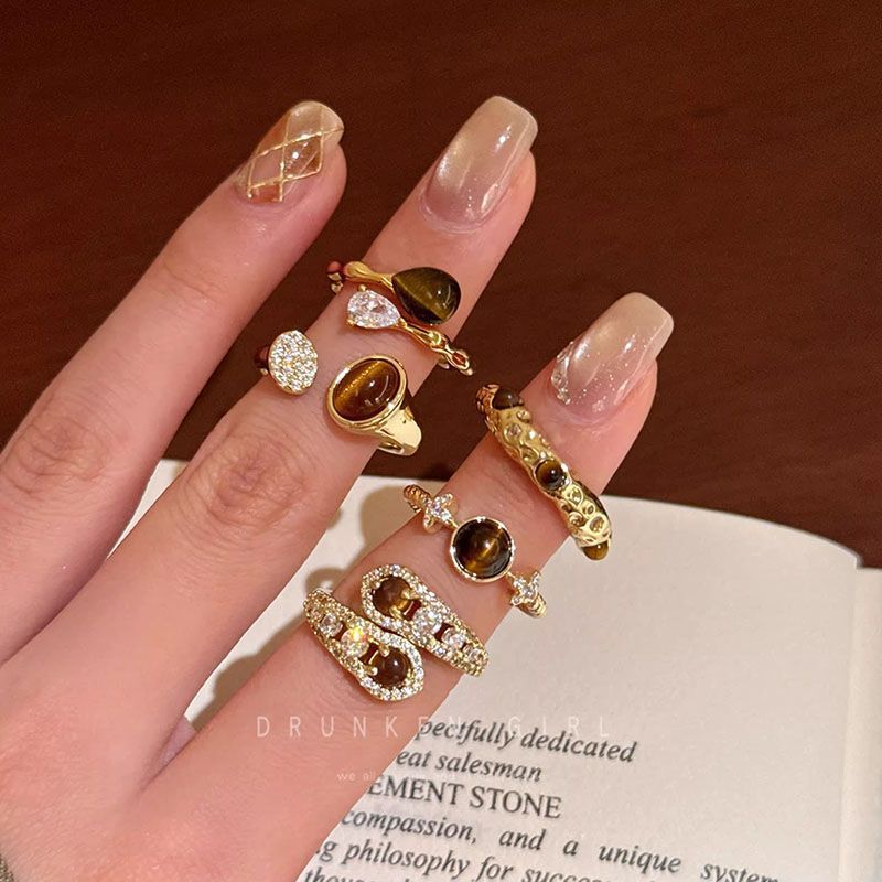 Tiger's Eye Stone Star Water Drop Open Ring for Women, Autumn and Winter Light Luxury Niche High-End Index Finger Ring, Melard Stackable Ring Tiger's Eye Stone Star Water Drop Open Ring for Women, Autumn and Winter Light Luxury Niche High-End Index Finger Ring, Melard Stackable Ring