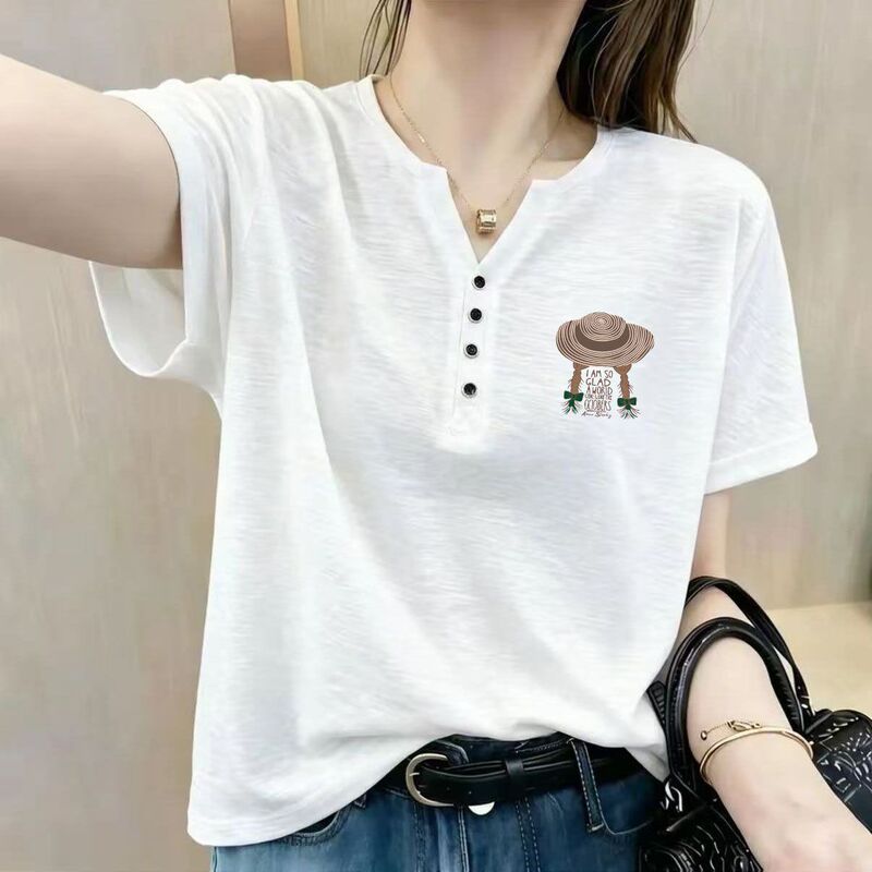 Women's Plus Size Bamboo Cotton Slimming T-Shirt, Loose Fit, V-Neck, Buttoned Short Sleeve, Breathable Top, Trendy, Regular Shoulder Women's Plus Size Bamboo Cotton Slimming T-Shirt, Loose Fit, V-Neck, Buttoned Short Sleeve, Breathable Top, Trendy, Regular Shoulder
