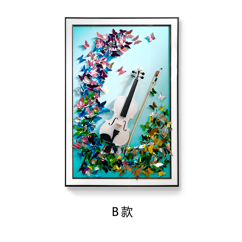 Pintura colgante de violín Hecho a mano Mariposa tridimensional Entrada de cuero Pasillo Pasillo Pintura decorativa Mural atmosférico de alta gama
