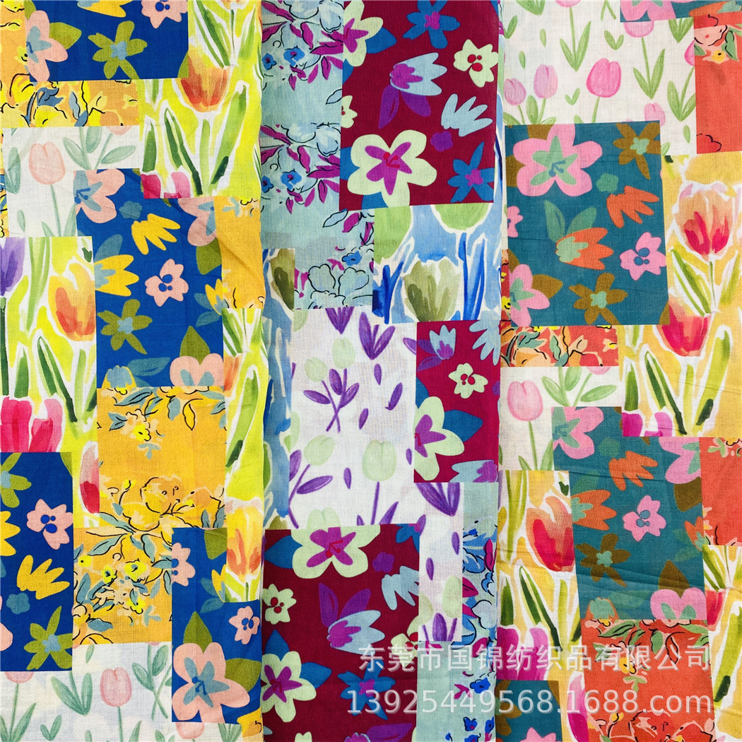 拼图百合印花布 40支棉布数码直喷拼布印布 服装衬衣连衣裙面料
