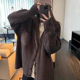 巧克力美拉德慵懒挂时尚潮流毛衣外套女加厚宽松针织开衫秋冬