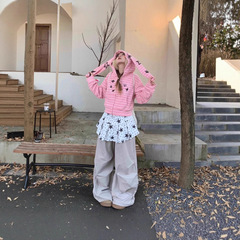 美式高街粉色条纹兔耳朵连帽卫衣女春秋高级感修身辣妹短款外套潮