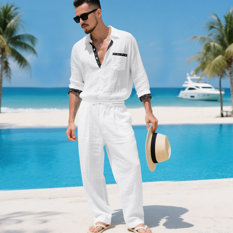 Completo autunnale da uomo in lino, camicia casual da uomo in stile old money, pantaloni a maniche lunghe, completo da uomo a due pezzi_voghion.com