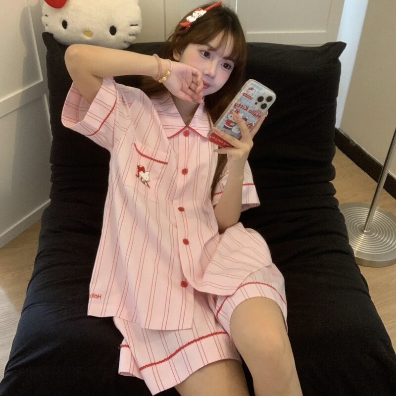 ビーストホーム漫画 kt 猫テンセル綿ホーム服セット新しい四季着用可能なストライプの女性のパジャマ|undefined