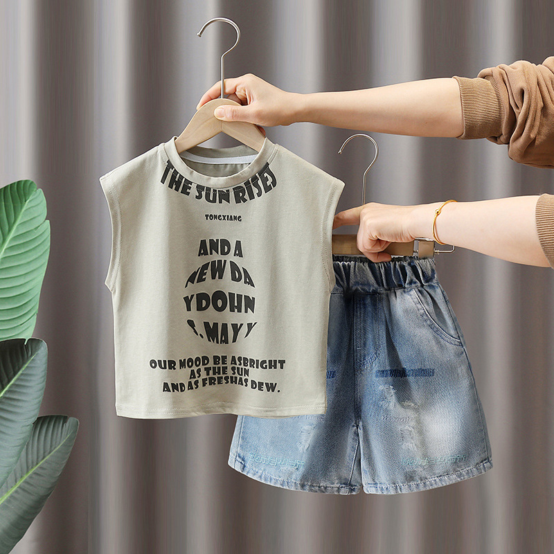 7265 Traje de verano para niños 2025 nueva ropa sin mangas de verano para niños chaleco fino de dos piezas de verano