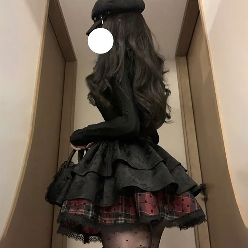 法式古着赫本风黑色裙子女秋两件套修身绝美蓬蓬公主洛丽塔连衣裙|undefined