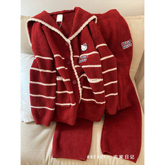 红色新年卡通凯蒂猫半边绒睡衣女冬加绒海军领甜美圣诞家居服套装