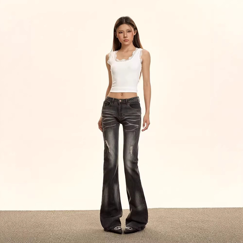 Black Micro-Flare Jeans for Women, Autumn and Winter, Low-Waist, Slim Fit, Vintage Whisker and Ripped Design, Stretchy Pants, Versatile Black Micro-Flare Jeans for Women, Autumn and Winter, Low-Waist, Slim Fit, Vintage Whisker and Ripped Design, Stretchy Pants, Versatile