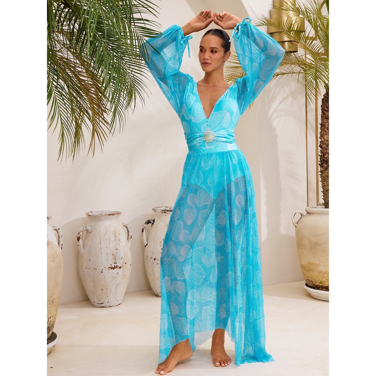 Women's V Neck Mesh Long Sleeve Swimsuit Glossy One Piece Swimwear_voghion.com
