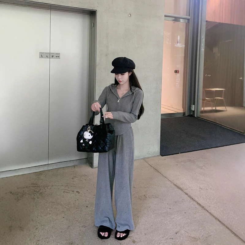 Hooded Cardigan Set with Faux Two-Piece Splicing Design, High-End Slimming Casual Wide-Leg Pants Two-Piece Set, Fashionable Old Money Style