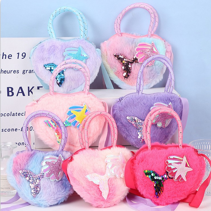 Children's Cartoon Mermaid Shoulder Bag Cute Girl's Daily Wear Crossbody Bag Plush Heart-Shaped Storage Bag