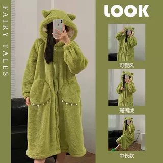 大眼仔加厚加绒睡袍女2026秋冬连帽情侣家居服宽松珊瑚绒睡衣批发