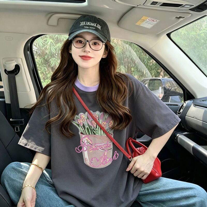 Pure Cotton American Retro Short-Sleeved T-Shirt for Women Summer Loose Fit 150kg Plus Size Women's Clothing Embroidered Sequin Top Pure Cotton American Retro Short-Sleeved T-Shirt for Women Summer Loose Fit 150kg Plus Size Women's Clothing Embroidered Sequin Top