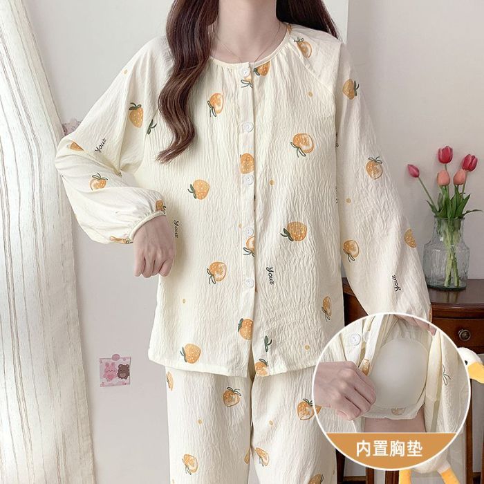 Al por mayor transfronterizo nuevo cardigan de manga larga pantalones largos cinturón cojín de pecho pijama de cuello redondo para mujeres puede ser dulce y cómodo algodón nubes hogar