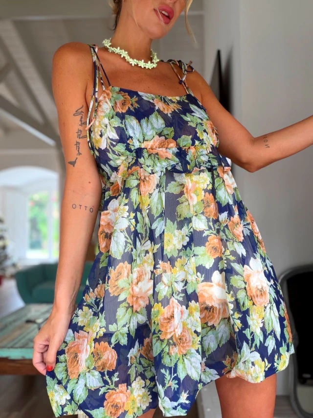 Bohemian Floral Print Spaghetti Strap Maxi Dress With Ruffle Hem, Relaxed Fit For Vacation & Daily Wear_ecoleips.com