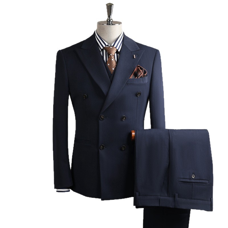 Men's Double Breasted Three Piece Suit Business Casual Korean Style Trendy Wedding Attire For Groomsmen Wrinkle Resistant_voghion.com