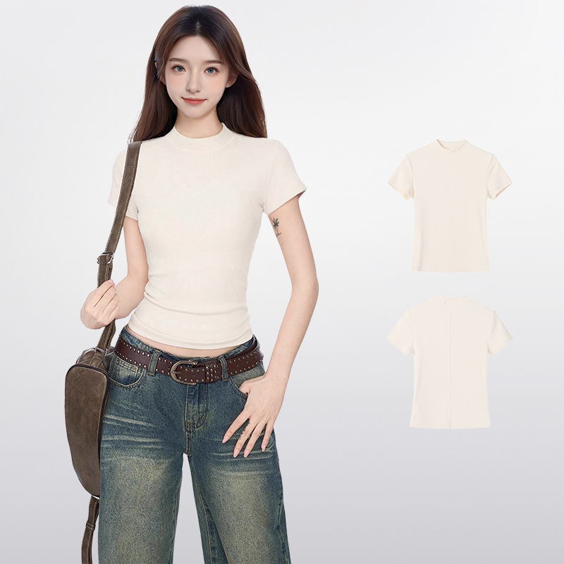 아메리칸 스타일 반 높이 칼라 어깨 반팔 티셔츠 여성 여름 2025 새로운 스타일 스파이스 걸스 슬림 핏 타이트 허리 짧은 니트 탑