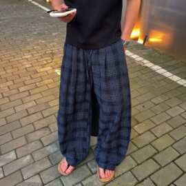 时尚痞帅小众轻薄男士夏季慵懒风休闲裤百搭潮流时尚格子直筒裤