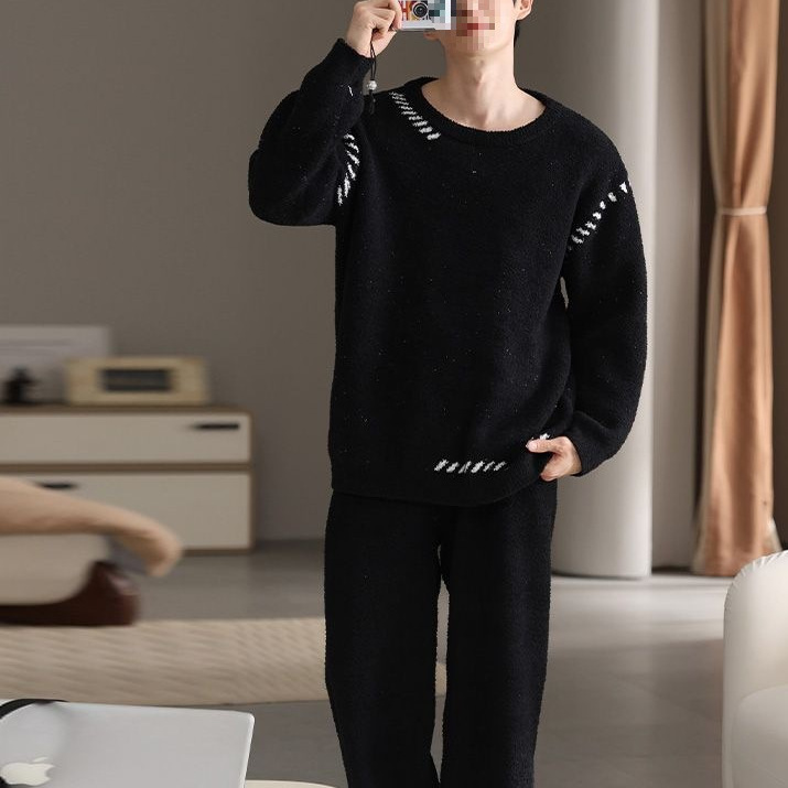 Cross-Border Enzhijia Pajamas Men's Winter Half-Velvet Round Neck Casual Home Wear Suit Pull-Up Cotton Viscose Fiber