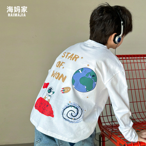 2024 Spring and Autumn New Cartoon Print Pure Cotton Long-Sleeve T-Shirt for Boys and Girls Korean Style Children's Clothing Spring Outfit