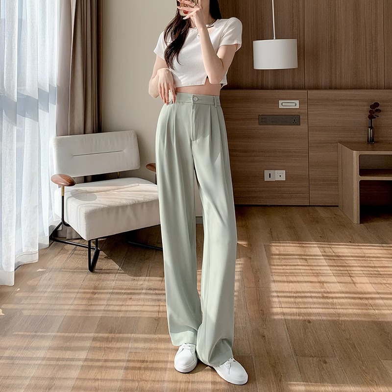 Pantalones de piernas anchas de hielo rosa primavera y verano delgados pantalones de traje de cintura alta, pequeños pantalones casuales de chiffon