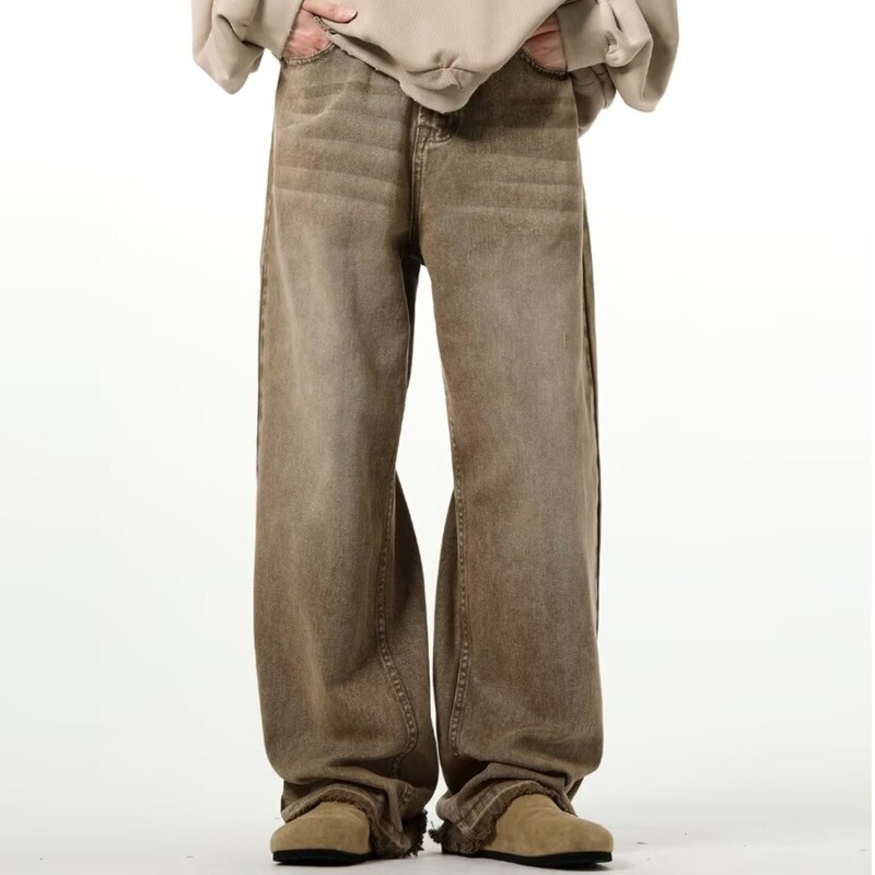 American Style Retro High Street Old Washed Fringe Straight Jeans Men's Loose Maillard Wide Pants