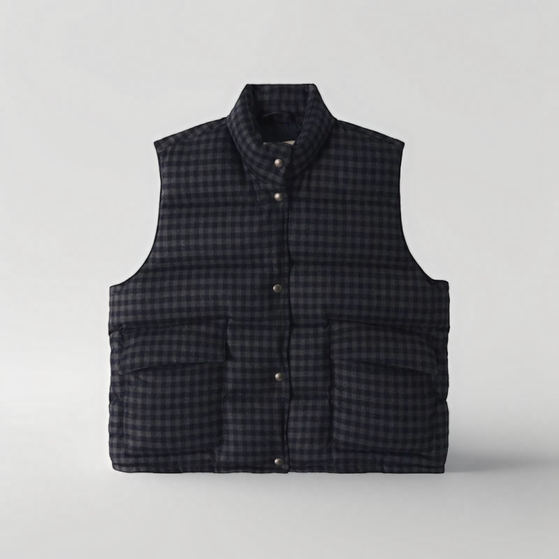 Korea Dongdaemun Nw Retro Plaid Woolen White Goose down Vest Winter Stand-Up Collar Thickened Warm Vest