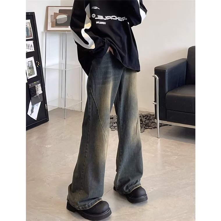 2025 New Autumn and Winter High Street Micro-Flared Jeans Men's Simple American Retro Casual Slim Wide-Leg Pants