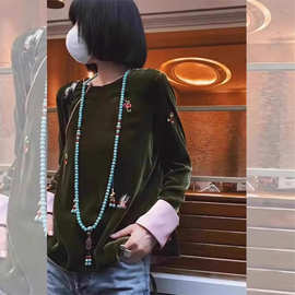 新中式绿色丝绒衬衫女2025秋季新款国风改良唐装刺绣长袖打底上衣