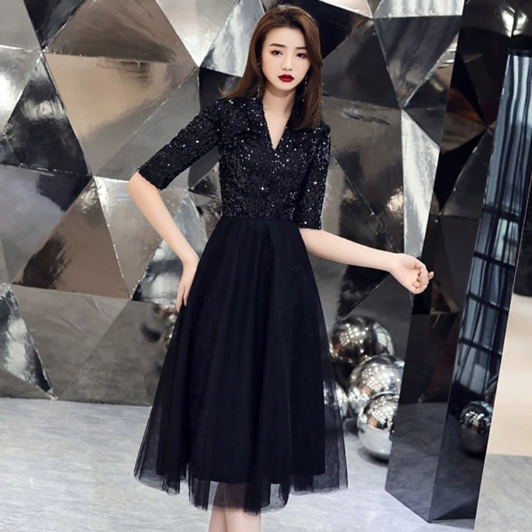 Elegant Black Cocktail Dress – High-Waisted A-Line Midi Dress With Cap Sleeves & Back Zipper ( Date Nights Office-to-Evening Transitions)_ecoleips.com