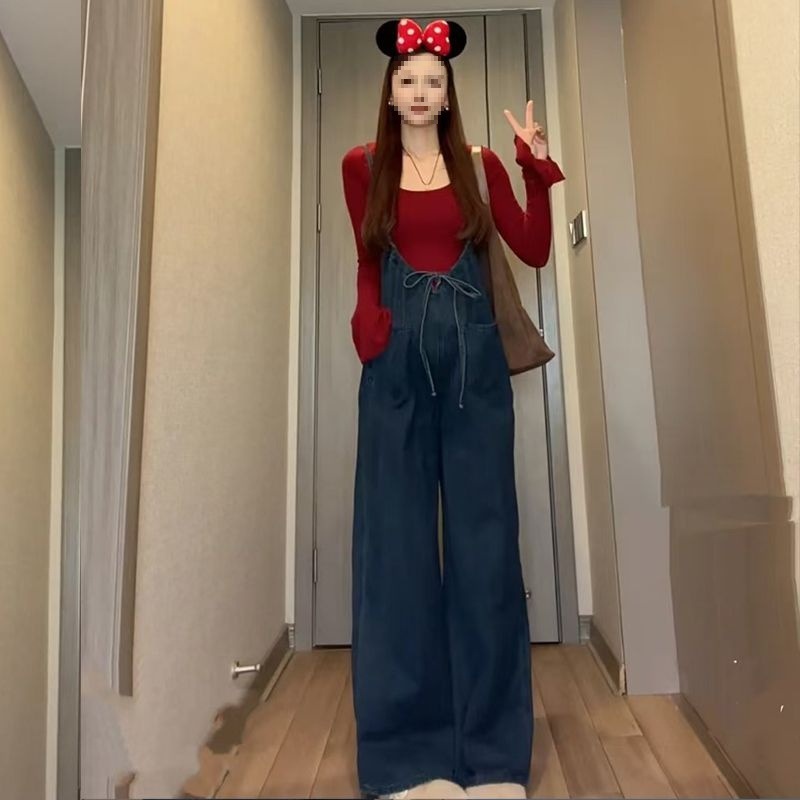 孕妇裤套装牛仔背带裤春秋两件套2025新款时尚洋气抖音爆款阔腿裤|undefined