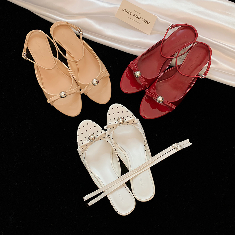 One-Line Sandals for Women 2025 Summer New Style Silver Ball Small Heel Open Toe Half-Cup Sandals with Straps Apricot Shoes