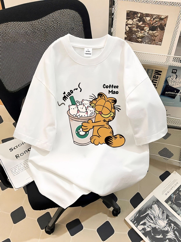 美式卡通加菲猫喝奶茶t恤男女宽松冰柔棉半袖上衣ins冰柔棉短袖|undefined