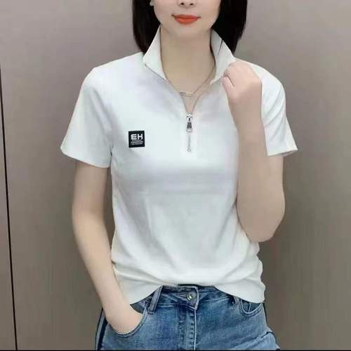 Summer Short Sleeve T-Shirt Fashion Women Stand Collar Sports Base Shirt Striped Casual Top Women