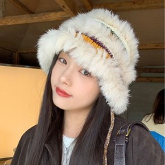 韩系兔毛针织渔夫帽子女拼接新款秋冬季旅游穿搭防寒保暖毛绒盆帽