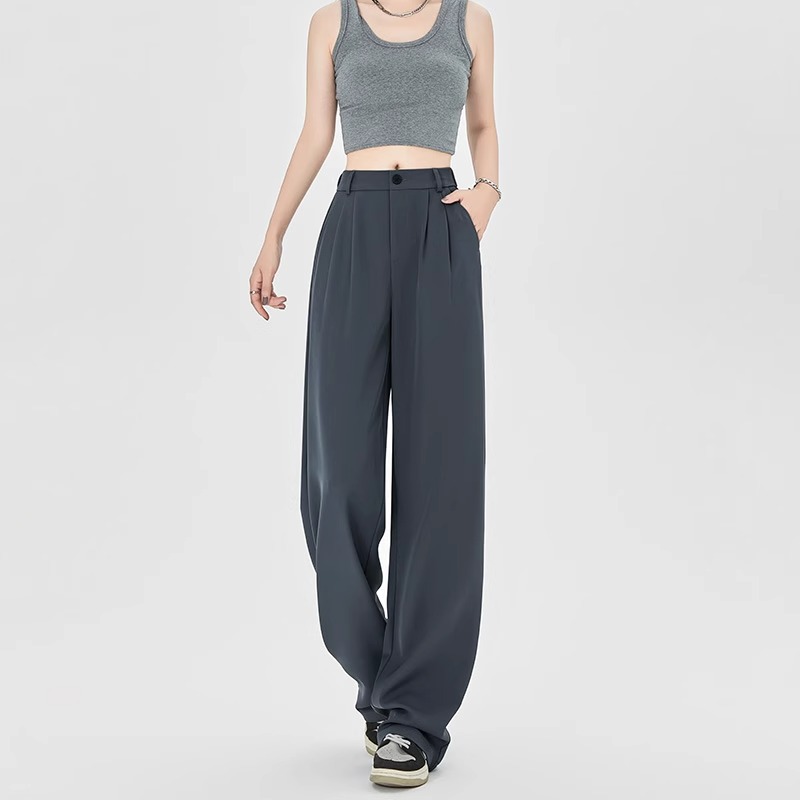 Pantalones de traje gris para mujeres verano delgado 2024 nuevos pantalones casuales de alta sensación, pantalones de piernas anchas de seda de hielo