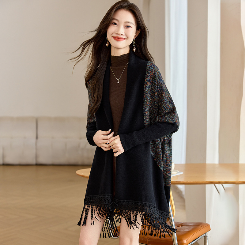 欧美大版宽松开衫外套气质中长款流苏拼色毛衣外搭2024秋冬新款女
